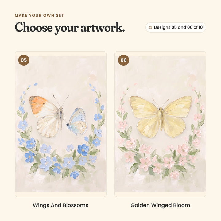 Designs 05 and 06 of 10: Wings And Blossoms, an orange-tip butterfly and a small blue butterfly in a wreath of blue blossoms, and Golden Winged Bloom, a buttery yellow butterfly in a wreath of blush blossoms