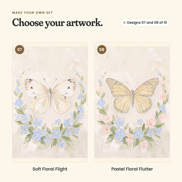 Designs 07 and 08 of 10: Soft Floral Flight, a cream white butterfly with dark wing tips in a wreath of blue blossoms, and Pastel Floral Flutter, a soft yellow butterfly with dark veined edges in a blush and blue wreath