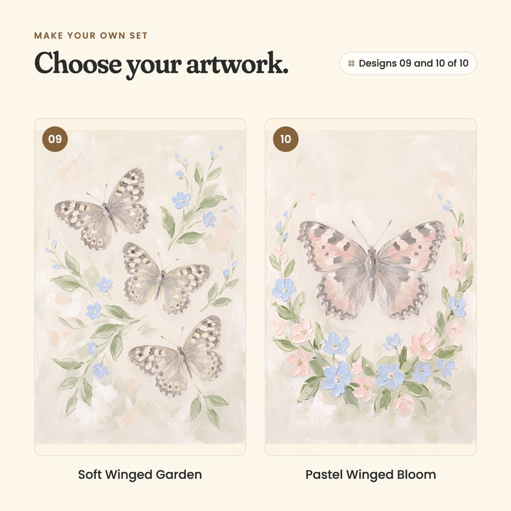 Designs 09 and 10 of 10: Soft Winged Garden, three speckled grey-brown butterflies among blue flowers and leaf sprigs, and Pastel Winged Bloom, a blush and grey butterfly in a blush and blue wreath