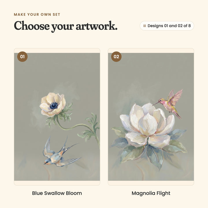 Designs 01 and 02 of 8: Blue Swallow Bloom, a blue swallow swooping under a cream anemone, and Magnolia Flight, a pink hummingbird at a white magnolia