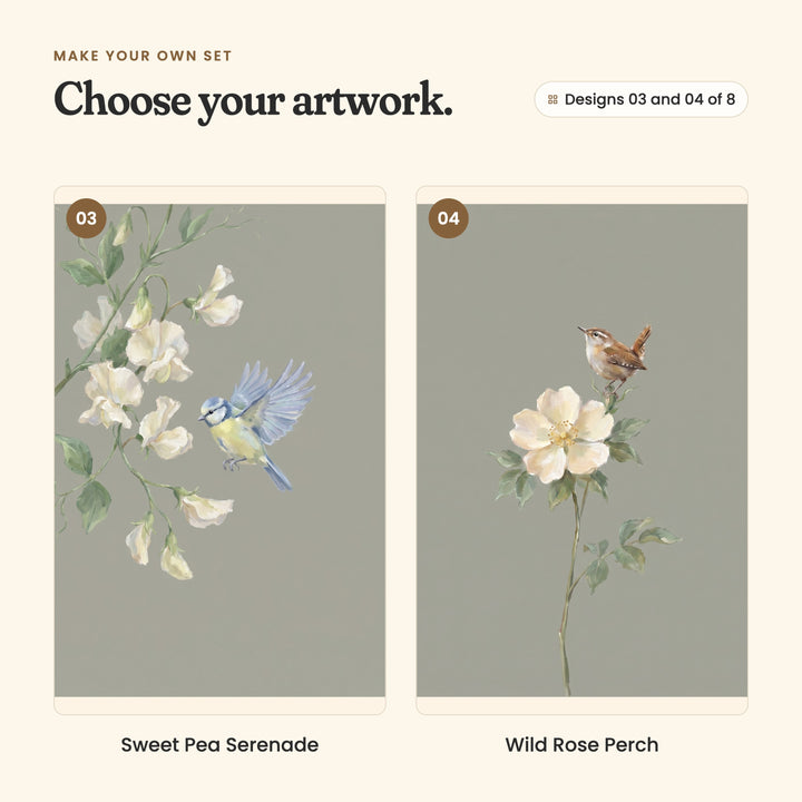 Designs 03 and 04 of 8: Sweet Pea Serenade, a blue tit flying beside cream sweet peas, and Wild Rose Perch, a wren perched on a pale wild rose