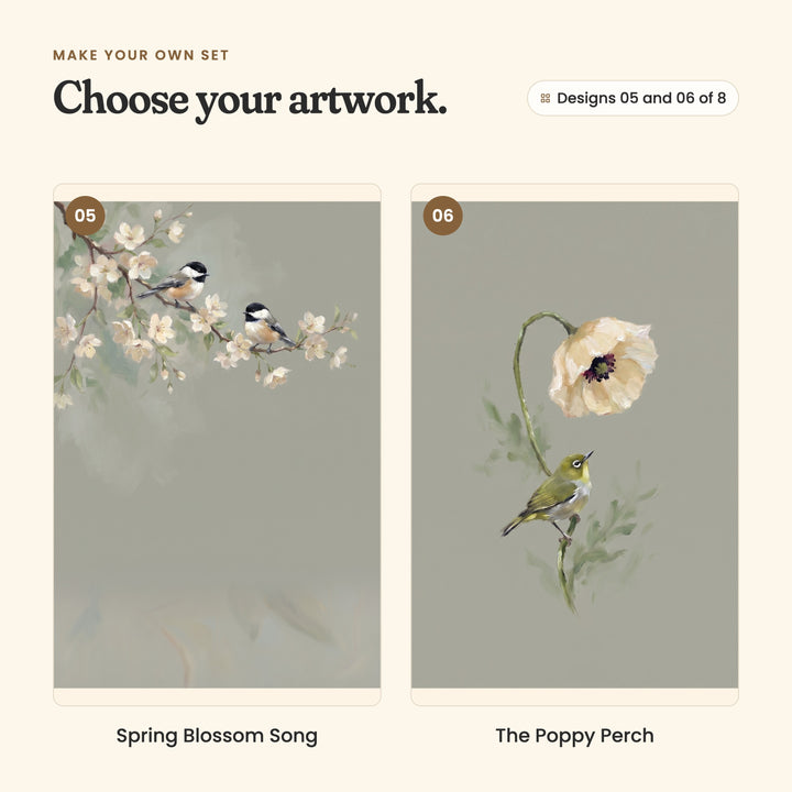 Designs 05 and 06 of 8: Spring Blossom Song, two chickadees on a branch of white blossom, and The Poppy Perch, a green white-eye under a nodding cream poppy