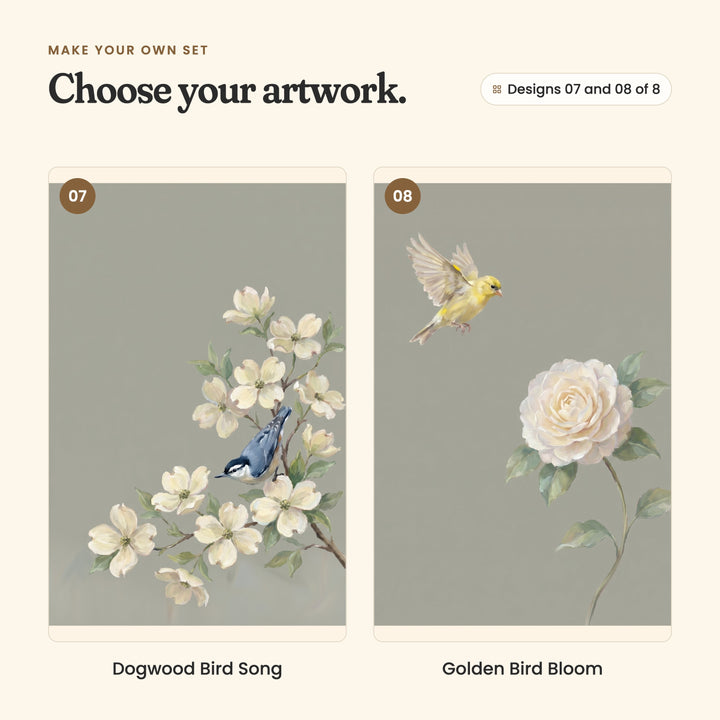 Designs 07 and 08 of 8: Dogwood Bird Song, a nuthatch among white dogwood flowers, and Golden Bird Bloom, a yellow finch flying above a cream bloom