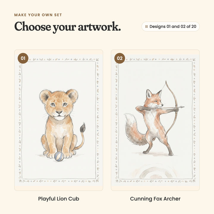 Designs 01 and 02 of 20: Playful Lion Cub, a lion cub sitting with a striped ball, and Cunning Fox Archer, a fox drawing a bow beside a target