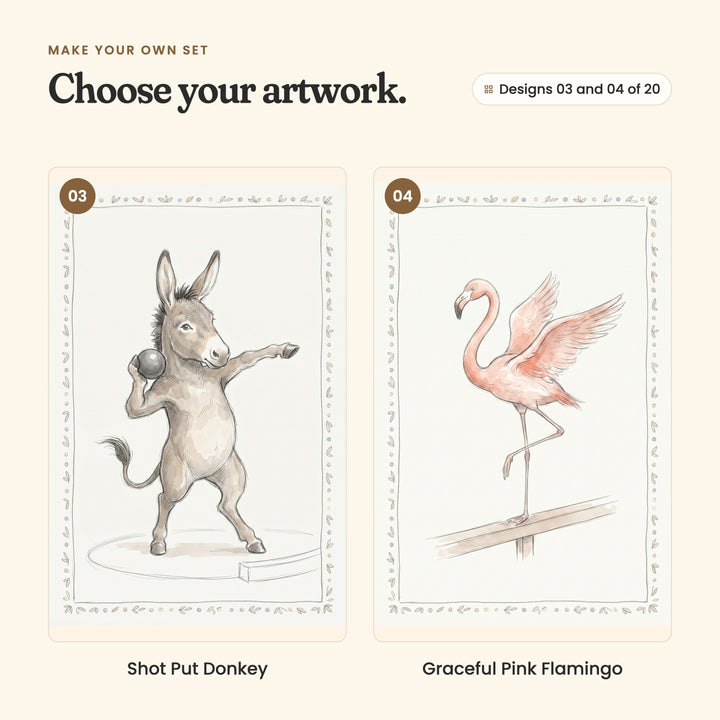 Designs 03 and 04 of 20: Shot Put Donkey, a donkey putting the shot, and Graceful Pink Flamingo, a flamingo balancing on one leg on a balance beam