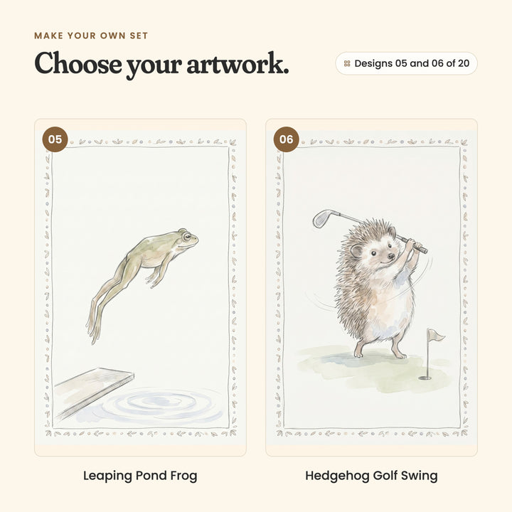 Designs 05 and 06 of 20: Leaping Pond Frog, a frog diving off a springboard, and Hedgehog Golf Swing, a hedgehog swinging a golf club beside a flag