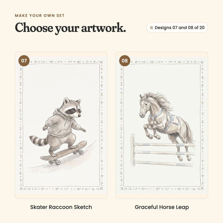 Designs 07 and 08 of 20: Skater Raccoon Sketch, a raccoon in a hoodie riding a skateboard, and Graceful Horse Leap, a horse jumping a fence