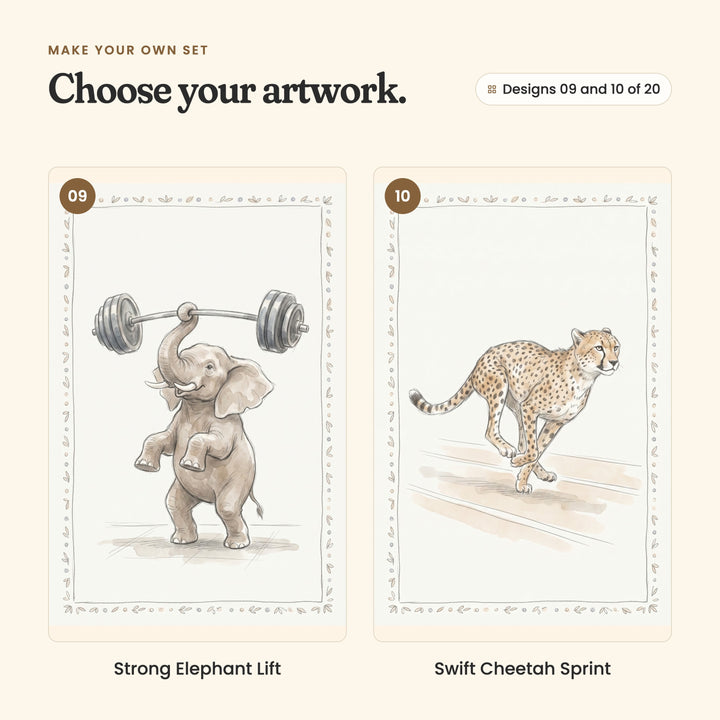 Designs 09 and 10 of 20: Strong Elephant Lift, an elephant lifting a barbell with its trunk, and Swift Cheetah Sprint, a cheetah sprinting along a running track