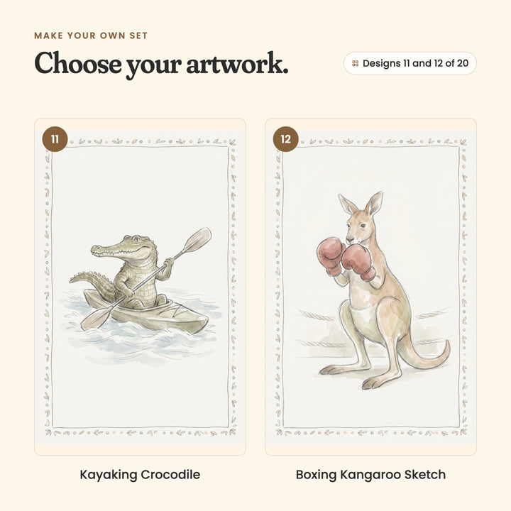Designs 11 and 12 of 20: Kayaking Crocodile, a crocodile paddling a kayak, and Boxing Kangaroo Sketch, a kangaroo in red boxing gloves in a boxing ring