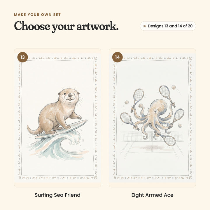 Designs 13 and 14 of 20: Surfing Sea Friend, an otter riding a surfboard, and Eight Armed Ace, an octopus holding tennis rackets at a net