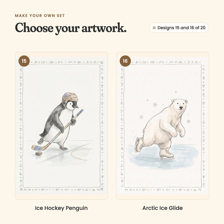 Designs 15 and 16 of 20: Ice Hockey Penguin, a penguin in a helmet with a hockey stick and puck, and Arctic Ice Glide, a polar bear ice skating