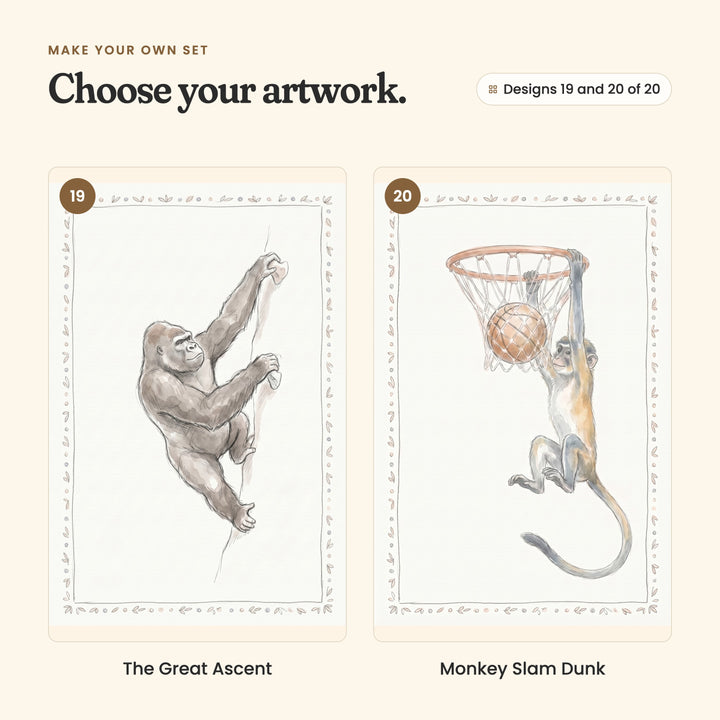 Designs 19 and 20 of 20: The Great Ascent, a gorilla climbing a rope, and Monkey Slam Dunk, a monkey dunking a basketball through a hoop
