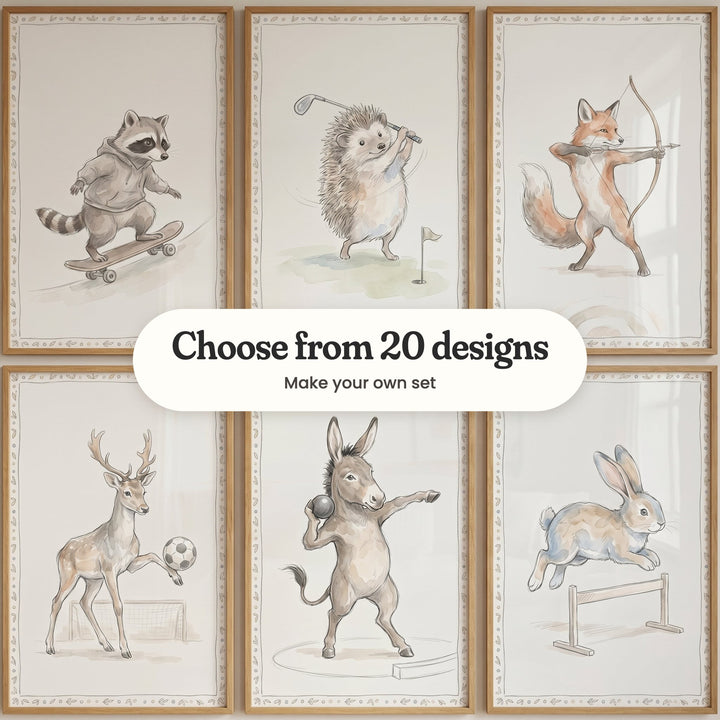 Six sporty animal prints in two rows: a raccoon in a hoodie riding a skateboard, a hedgehog swinging a golf club by a flag, a fox archer with a target, a deer kicking a soccer ball toward a goal, a donkey putting the shot and a rabbit jumping a hurdle, with a label reading Choose from 20 designs, Make your own set