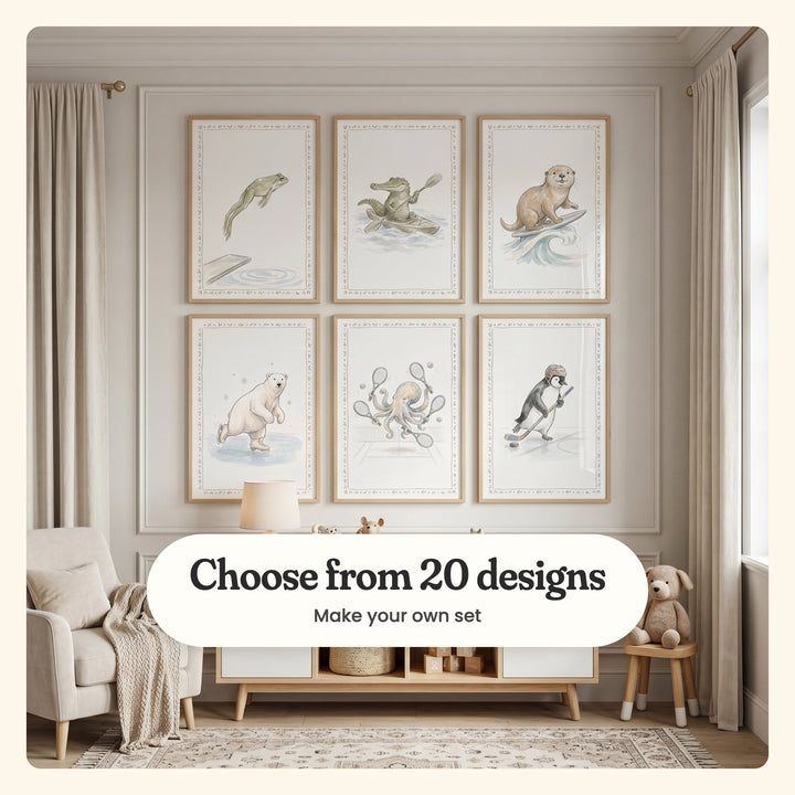 Playroom with six sporty animal prints in two rows on a panelled taupe wall, above a white and wood sideboard with a lamp, small plush toys, a woven basket and blocks, beside a cream armchair, a teddy bear on a stool, linen curtains and a patterned rug: a frog diving, a crocodile in a kayak, an otter surfing, a polar bear skating, an octopus playing tennis and a penguin playing ice hockey, labeled Choose from 20 designs, Make your own set