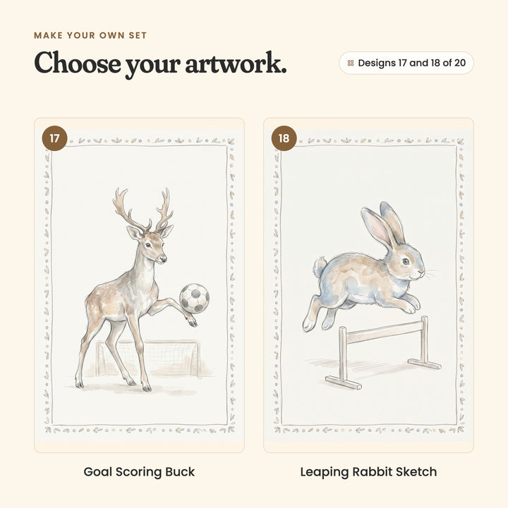 Designs 17 and 18 of 20: Goal Scoring Buck, a deer with antlers kicking a soccer ball toward a goal, and Leaping Rabbit Sketch, a rabbit jumping a hurdle