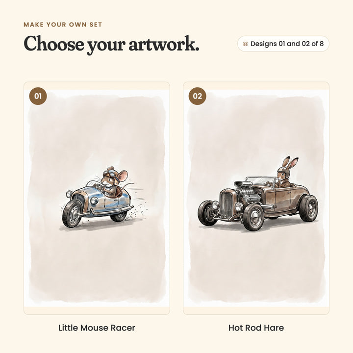 Designs 01 and 02 of 8: Little Mouse Racer, a mouse in a leather helmet and goggles driving a little pale blue racer, and Hot Rod Hare, a hare in a brown hot rod with a big chrome engine