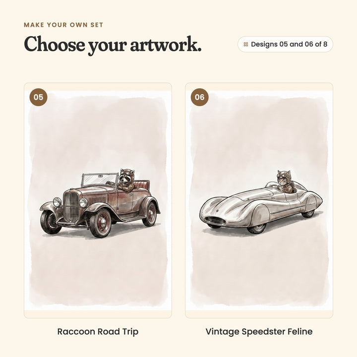 Designs 05 and 06 of 8: Raccoon Road Trip, a raccoon in an open roadster with red seats, and Vintage Speedster Feline, a tabby cat in a silver streamlined racer