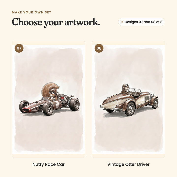 Designs 07 and 08 of 8: Nutty Race Car, a squirrel in an open-wheel racer with a white circle on the side, and Vintage Otter Driver, an otter in a cream and brown speedster