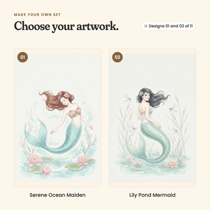 Designs 01 and 02 of 11: Serene Ocean Maiden, a brown-haired mermaid with an aqua tail swimming above pink water lilies, and Lily Pond Mermaid, a black-haired mermaid with a mint tail among cattails and dragonflies