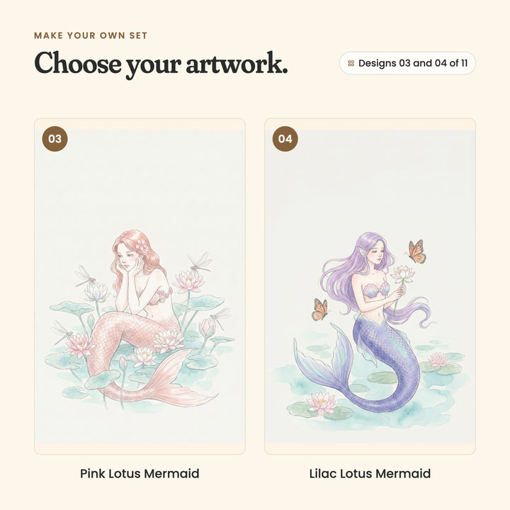 Designs 03 and 04 of 11: Pink Lotus Mermaid, a pink-haired mermaid with a pink tail resting her chin on her hands among lotus flowers, and Lilac Lotus Mermaid, a lavender-haired mermaid with a purple tail holding a lotus as orange butterflies flutter by
