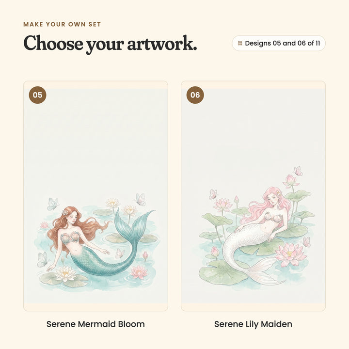 Designs 05 and 06 of 11: Serene Mermaid Bloom, an auburn-haired mermaid with a teal tail lying among water lilies, and Serene Lily Maiden, a pink-haired mermaid with a pearly white tail resting on lily pads