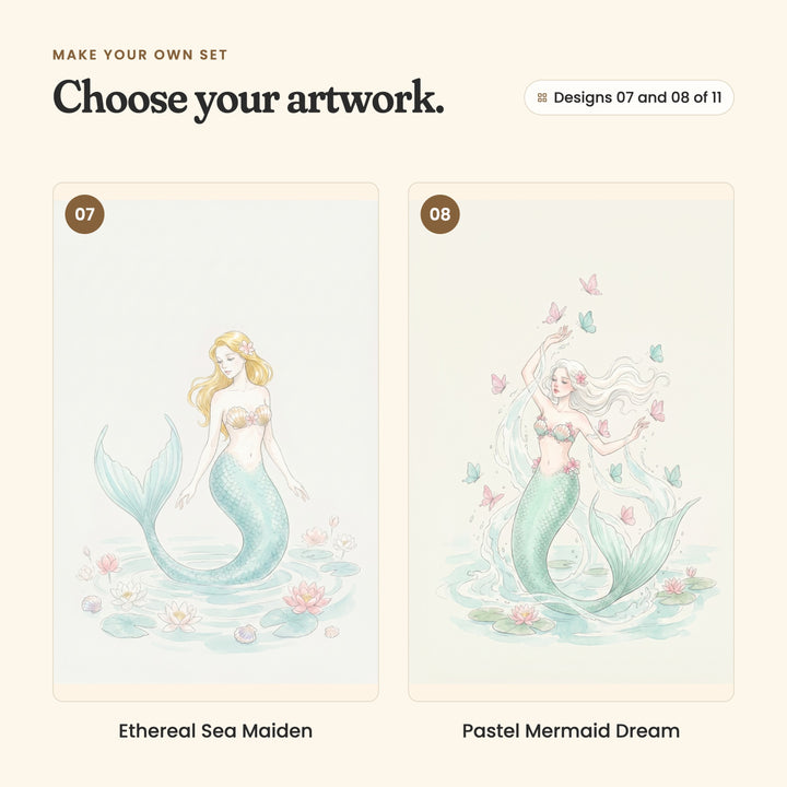 Designs 07 and 08 of 11: Ethereal Sea Maiden, a blonde mermaid with an aqua tail in still water, and Pastel Mermaid Dream, a white-haired mermaid with a mint tail reaching up to butterflies