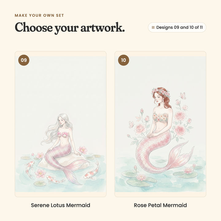 Designs 09 and 10 of 11: Serene Lotus Mermaid, a silver-haired mermaid with a lilac tail sitting on a rock among koi fish, and Rose Petal Mermaid, an auburn-haired mermaid with a pink tail and a flower crown among roses