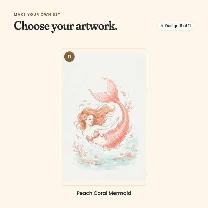 Design 11 of 11: Peach Coral Mermaid, a red-haired mermaid with a coral pink tail swimming beside coral