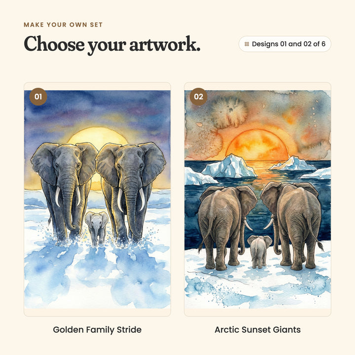 Designs 01 and 02 of 6: Golden Family Stride, two elephants and a calf walking toward you through icy water, with a golden sun behind them, and Arctic Sunset Giants, an elephant family seen from behind on the snow, facing an orange sunset over icebergs