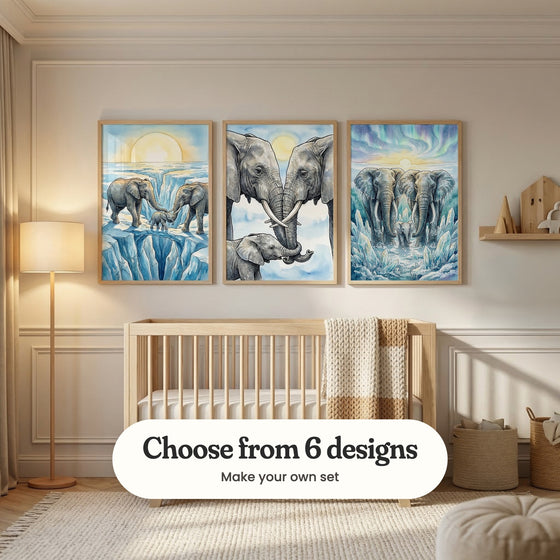Cream panelled nursery with three elephant prints in light wood frames above a light wood crib with a knit blanket, beside a floor lamp, a wall shelf with wooden houses, woven baskets and a pouf: Icy Family Bond, Elephant Family Bond and Frozen Crystal Giants, with a label reading Choose from 6 designs, Make your own set