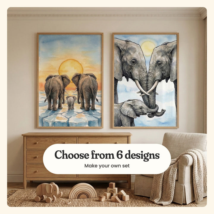 Cream room with two elephant prints in light wood frames above a wood dresser, with a wooden toy elephant, a rainbow stacker and wooden blocks on the rug, beside an armchair with a knit throw: Elephant Family Sunset and Elephant Family Bond, labeled Choose from 6 designs, Make your own set