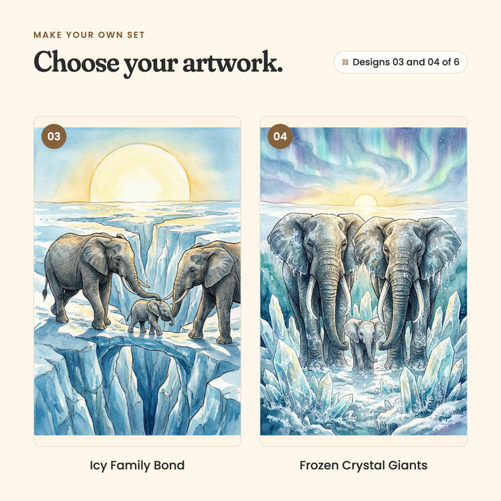 Designs 03 and 04 of 6: Icy Family Bond, two elephants reaching their trunks to a calf across a crack in the ice, and Frozen Crystal Giants, an elephant family among tall ice crystals under the northern lights