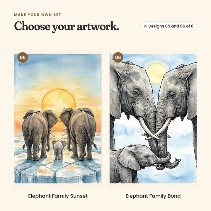 Designs 05 and 06 of 6: Elephant Family Sunset, an elephant family seen from behind on an ice floe, facing a golden sun, and Elephant Family Bond, a close-up of two elephants touching trunks, tusks crossed, above their calf