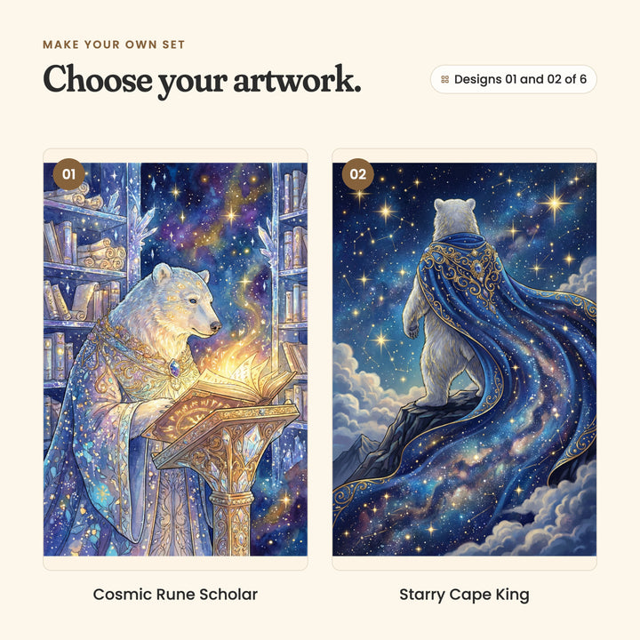 Designs 01 and 02 of 6: Cosmic Rune Scholar, a polar bear in a jeweled cloak reading a glowing book in a starry library, and Starry Cape King, a polar bear on a mountain top with a long starry cape flowing behind it
