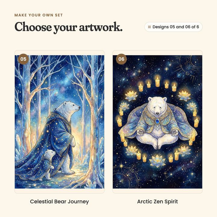Designs 05 and 06 of 6: Celestial Bear Journey, a polar bear in a starry cloak walking with its cub through a frosty forest, and Arctic Zen Spirit, a polar bear sitting cross-legged in a ring of candles and lotus flowers