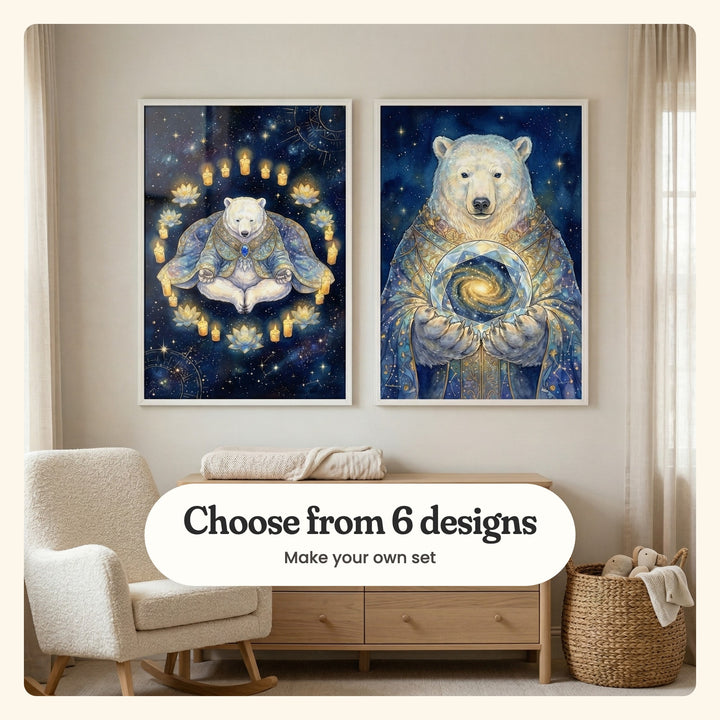 Nursery with two polar bear prints in white frames above a light wood dresser with a cream throw, beside a cream rocking chair and a basket of plush toys: Arctic Zen Spirit and Celestial Bear Sage, labeled Choose from 6 designs, Make your own set