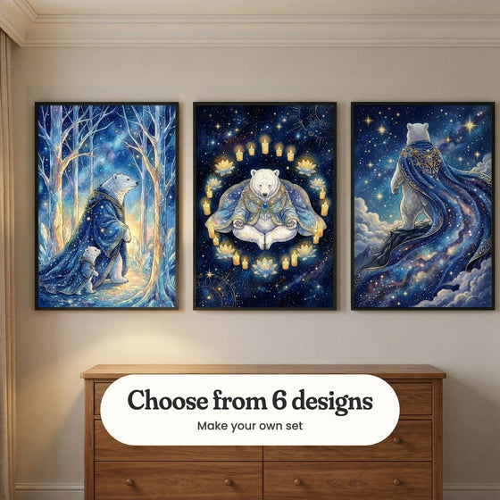 Beige wall with crown molding and three polar bear prints in black frames above a walnut dresser, beside a linen curtain: Celestial Bear Journey, Arctic Zen Spirit and Starry Cape King, with a label reading Choose from 6 designs, Make your own set