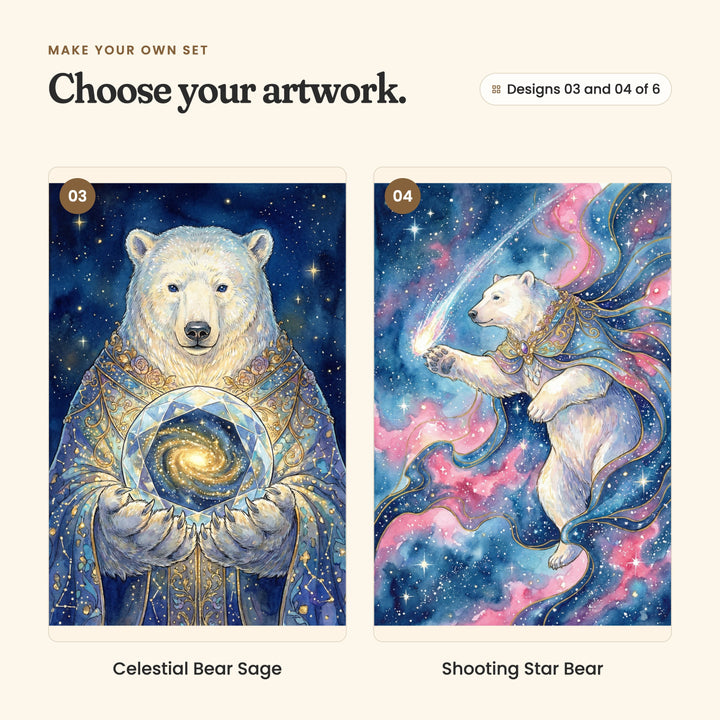Designs 03 and 04 of 6: Celestial Bear Sage, a polar bear in a golden cloak holding a crystal orb with a galaxy inside, and Shooting Star Bear, a polar bear leaping through pink and blue stardust after a shooting star