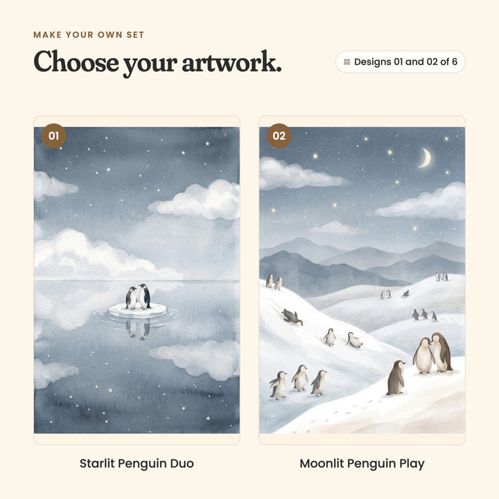 Designs 01 and 02 of 6: Starlit Penguin Duo, two penguins on a small ice floe in still, starry water, and Moonlit Penguin Play, penguins waddling and sliding over snowy hills under a crescent moon