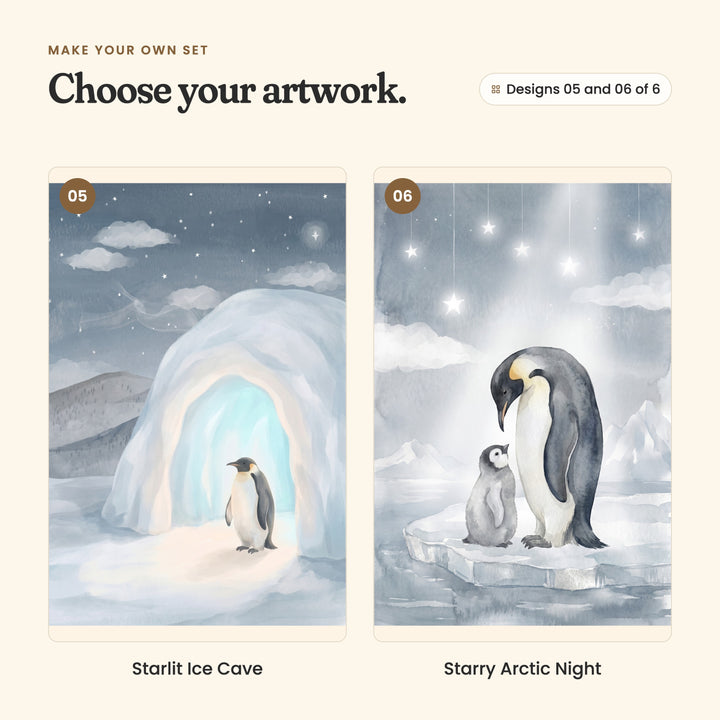 Designs 05 and 06 of 6: Starlit Ice Cave, a penguin standing in front of a glowing blue ice cave, and Starry Arctic Night, a penguin parent and chick on the ice under hanging stars