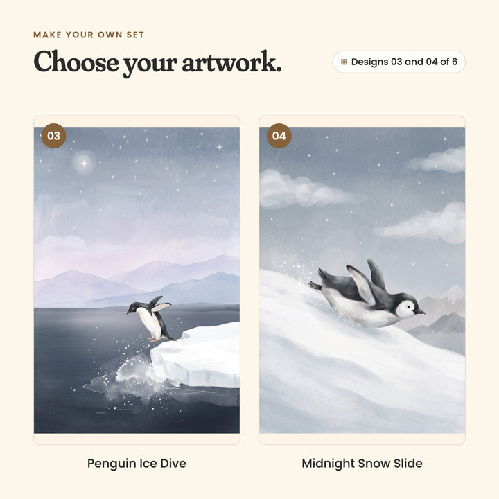 Designs 03 and 04 of 6: Penguin Ice Dive, a penguin leaping off the edge of the ice into dark water, and Midnight Snow Slide, a penguin sliding belly first down a snowy slope