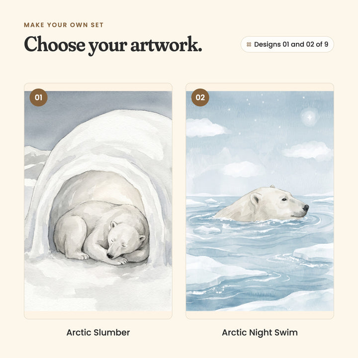 Designs 01 and 02 of 9: Arctic Slumber, a bear curled up asleep in a snow cave, and Arctic Night Swim, a bear swimming among floating ice