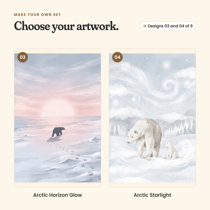 Designs 03 and 04 of 9: Arctic Horizon Glow, a bear walking toward a pink setting sun, leaving paw prints in the snow, and Arctic Starlight, a mother bear and her cub in swirling snow