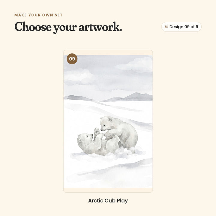 Design 09 of 9: Arctic Cub Play, two young bears tumbling and playing in the snow