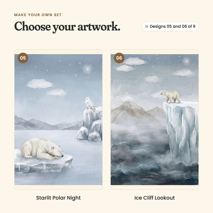 Designs 05 and 06 of 9: Starlit Polar Night, a bear resting on an ice floe while a snowy owl watches from the rocks, and Ice Cliff Lookout, a bear standing on a tall ice cliff above a misty sea