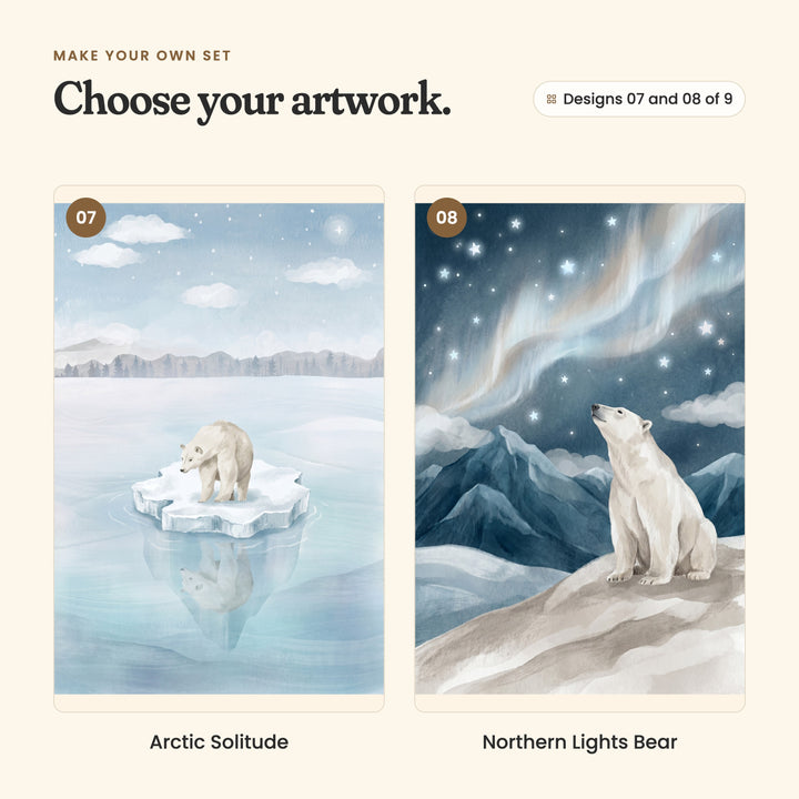 Designs 07 and 08 of 9: Arctic Solitude, a bear on a small ice floe, reflected in still water, and Northern Lights Bear, a bear sitting under the northern lights and a starry sky