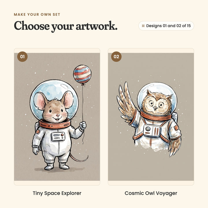 Designs 01 and 02 of 15: Tiny Space Explorer, a mouse in a space suit holding a striped balloon, and Cosmic Owl Voyager, an owl in a space suit spreading one wing