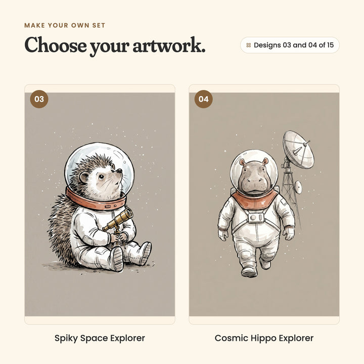 Designs 03 and 04 of 15: Spiky Space Explorer, a hedgehog in a space suit sitting with a little telescope, and Cosmic Hippo Explorer, a hippo in a space suit walking past a satellite dish