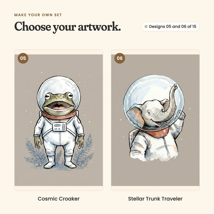 Designs 05 and 06 of 15: Cosmic Croaker, a smiling frog in a space suit standing among blue ferns, and Stellar Trunk Traveler, a close view of an elephant raising its trunk inside its bubble helmet