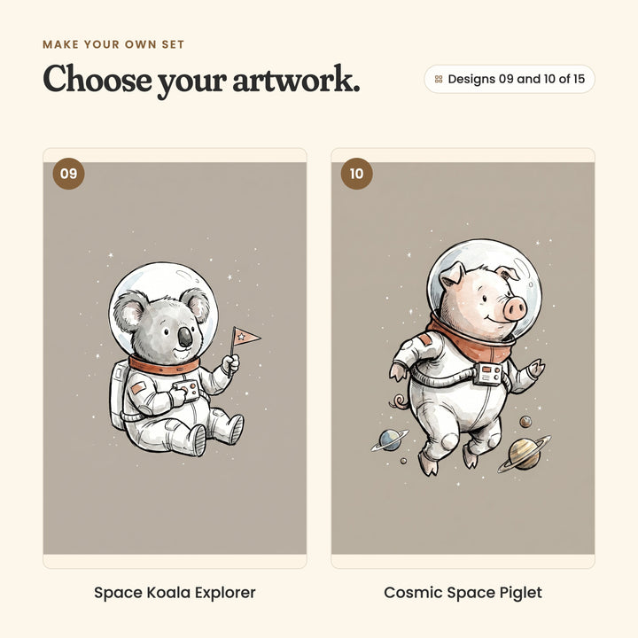 Designs 09 and 10 of 15: Space Koala Explorer, a koala in a space suit sitting with a little red flag, and Cosmic Space Piglet, a piglet in a space suit floating among tiny planets